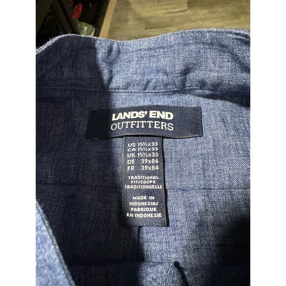 Lands End Linen Blend Longsleeve Band Collar Dress Shirt Size 15.5 x 33 Blue - Picture 3 of 11